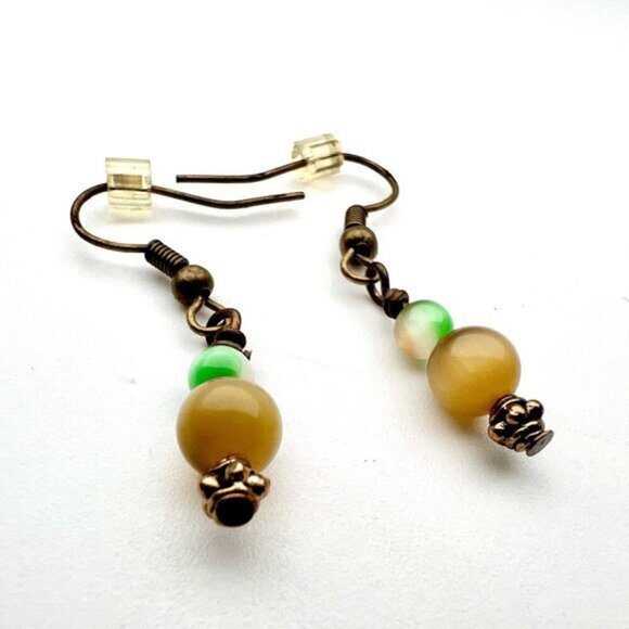 Handmade Beaded Drop Earrings Green & Amber Glass Beads Antiqued Bronze Hooks - Picture 6 of 8